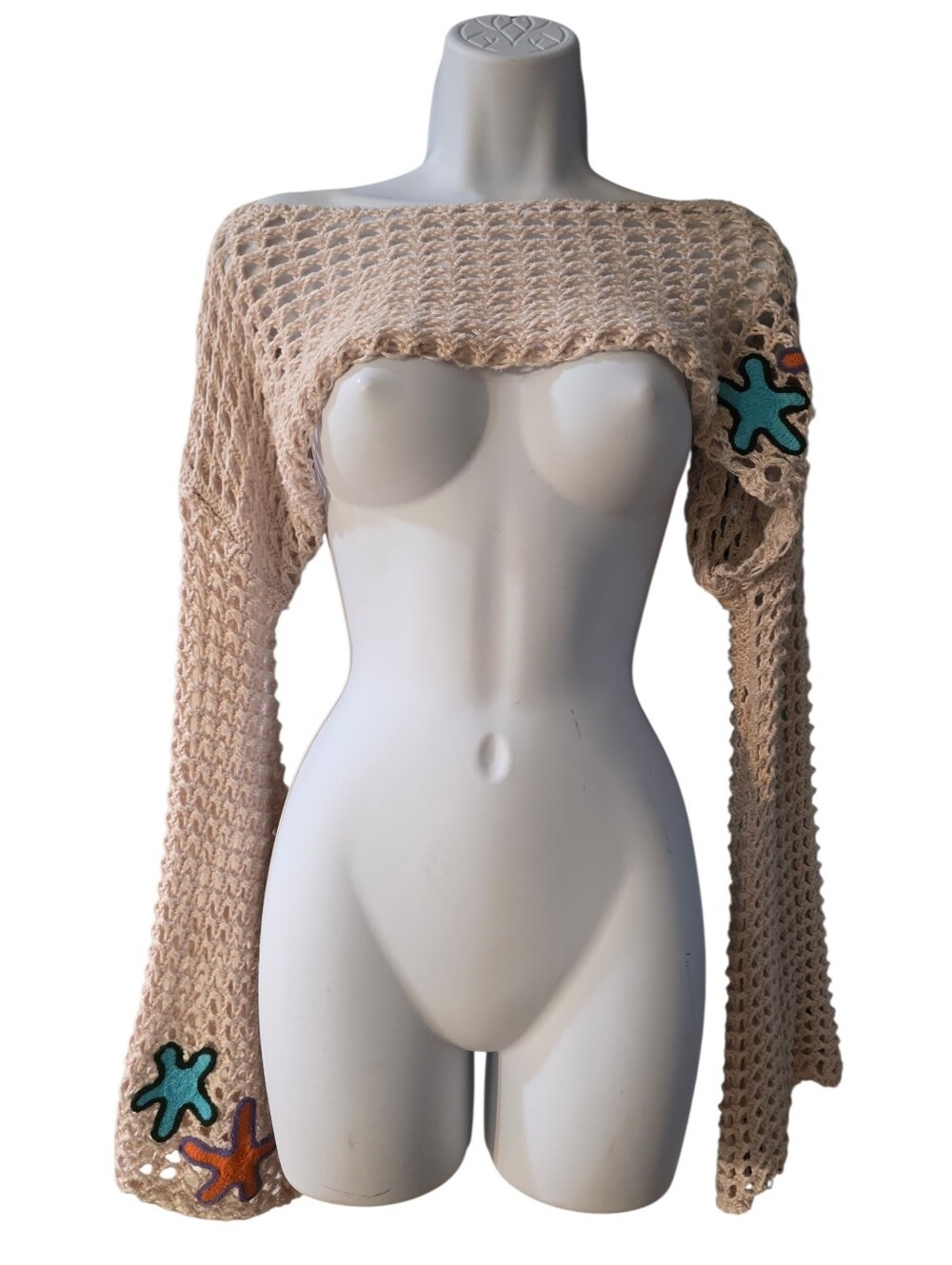 Crocheted Open Knit Bell Sleeve Shrug- L